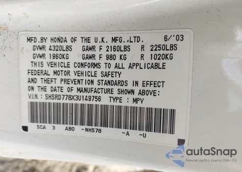 2003 Honda Cr-V Ex из США, поврежденный, VIN SHSRD778X3U149756